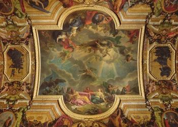 La Capture de la ville et de la citadelle de Gand en six jours en 1678 et la stratégie des Espagnols ruinée par la prise de Gand, peinture au plafond de la Galerie des Glaces